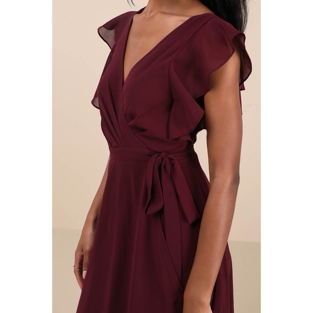 Lulu's Burgundy Ruffled Wrap Maxi Dress - Picture 2 of 8